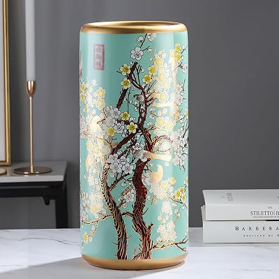 ELZEM Ceramic Umbrella Stand Floor Standing Cane Holder Placed Multi-Functional Painted Porcelain Chinese Umbrella Holder Handmade Appliques Umbrella Stand for Hotel Office Home Entrance