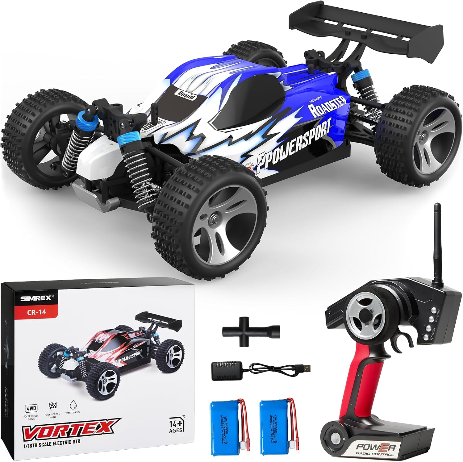 SIMREX 1:18 Scale All-Terrain Remote Control Car, 45 kmh, 4WD with 2.4 GHz Remote Control, RC Car with 2 Rechargeable Batteries, Gift for Children and Adults, Blue