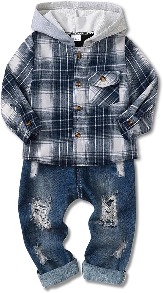 ZOEREA Toddler Baby Boys Clothes Outfits Kids Hoodie Flannel Shirts Set Plaid Hooded Tops +Jeans Pants Fall Winter 2-6T