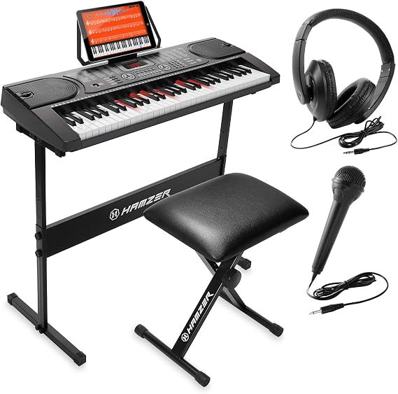 61-Key Electronic Keyboard Portable Digital Music Piano with Lighted Keys, H-Stand, Stool, Headphones, Microphone, Sticker Set