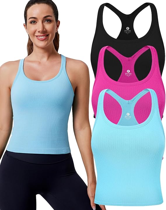 Evercute Women's 1/2/3 Pack Ribbed Workout Tank Tops with Built in Bra Racerback Seamless Crop Tank Tops Camisole Sport Tanks
