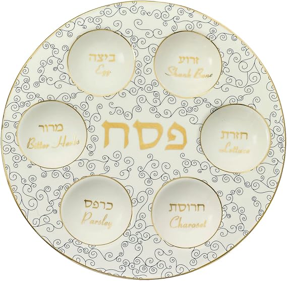 Rite Lite Classic White & Blue Curlicue Seder Plate With Gold Accents - Elegant & Modern Pesach Seder Dish Recipe Hebrew & English Haggadah Traditional Jewish Holiday Party Plate Decor Judaism Gifts