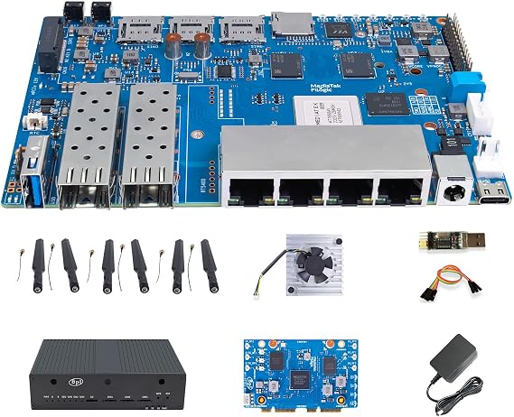 youyeetoo Banana Pi BPI-R4 WiFi 7 Router Development Board, 8GB RAM, 8GB eMMC, MediaTek MT7988A Chip, 2X 10Gbe SFP Slots, 4X Gbe Ports, Metal Case (Wi-Fi 7 Paket Bulk)