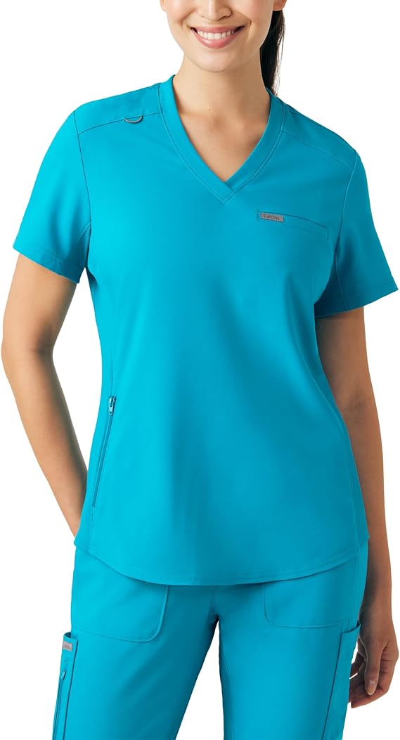 Landau Forward Women's Tailored Fit Stretch Tuckable 2-Pocket V-Neck Scrub Top with Zipper Pocket and Rib-Knit Neckline LT101