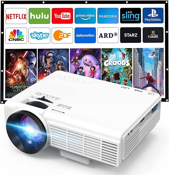 Mini Projector, 1080P Full HD Supported, Portable Movie Home Theater Projector Compatible with TV Stick Smartphone & Tablet PC HDMI USB AV TF