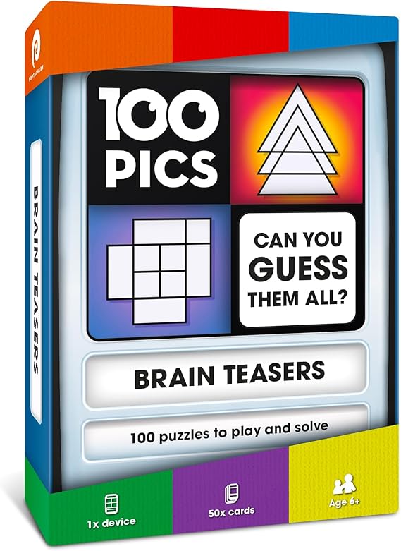 100 PICS Brain Teasers | Travel Game | Flash Cards with Slide Reveal Case | Card Game, Gift, Stocking Filler | Hours of Fun for Kids and Adults | Age 6+