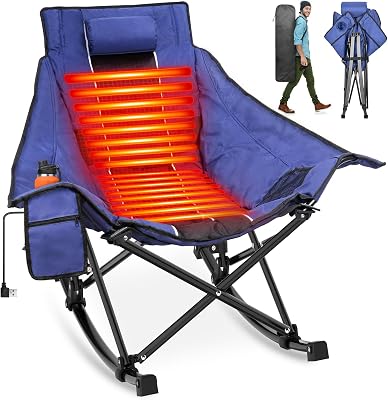 Suteck Heated Rocking Camping Chair - Fully Thicker Padded Heated Chairs for Outdoor Sports W3 Heat Levels for Back & Seat, Heated Folding Chair for Adults with Carry Bag- Battery NOT Included