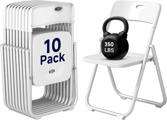 10 Pack White Plastic Folding Chairs, Lightweight Foldable Chair with 350lbs Capacity, Portable Seat with Sturdy Steel Frame for Indoor & Outdoor Use