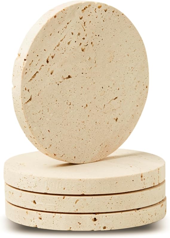 Marble Coasters Set of 4 Beige Travertine Bar Coasters for Drinks, Coffee Stone Holder for Home Decor, Housewarming Gifts (Round)