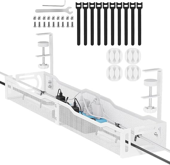 Under Desk Cable Management Tray, No Drill Cable with Brackets and Clips