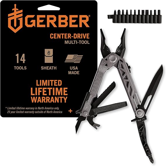 Gerber Gear Center-Drive Multitool - Includes 3.25 Outboard Knife, Pliers, Pry Bar, Bottle Opener & Awl -  with Bit Set & Sheath - Silver & Black