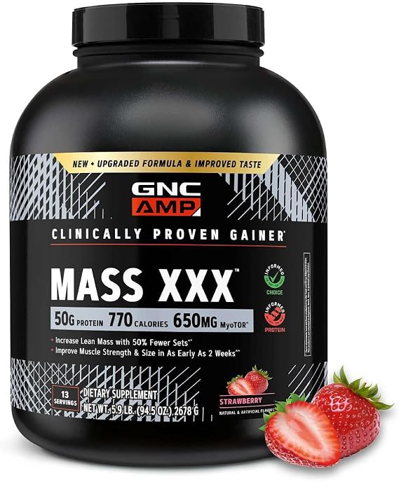 GNC AMP Mass , Clinically Proven Weight Gainer Protein Powder, Improves Strength and Size, 780 Calories, 50g Protein, Micronized Amino Acids, Creatine, Betaine, Strawberry, 13 Servings, 6 Pounds
