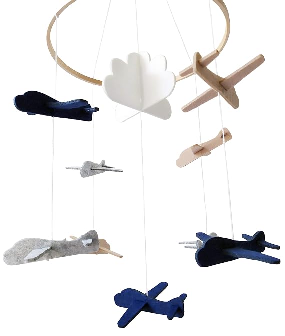 Baby Crib Mobile Wooden Hanging Nursery Baby Mobile for Crib, Nursery Decor for Boys & Girls, Perfect Shower Gift (Airplanes in The Clouds, Grey and White) Also Fits Bassinets, Sorrel + Fern