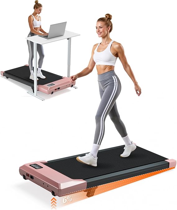Walking Pad with 6% Incline, 300LBS Capacity Under Desk Treadmill for Home Office, Quiet Portable Mini Treadmill with App & Remote Control,No Assembly,Slim Design for Small Spaces(BA10&Gold)
