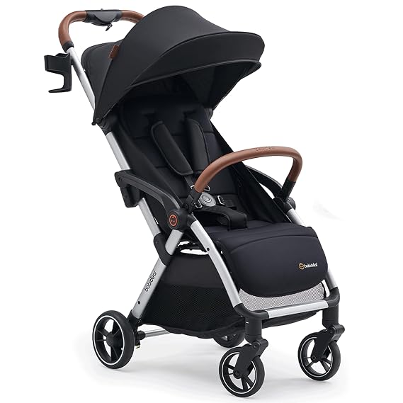 Babideal Lightweight Travel Stroller for Baby, Self-Folding Toddler Stroller with Large Canopy, One-Hand Operated Reclining Seat, Cup Holder Included - Newborn to 50lbs. (Black)