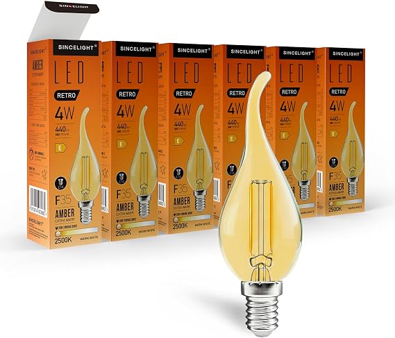 SINCELIGHT E14 LED Retro Filament Bulb, Vintage Flame-Like Candle Bulb, 4W, 440lm Equivalent to 50W, Amber, Extra Warm White 2500K, SES Small Edison Screw, Pack of 6 [Energy Class E]