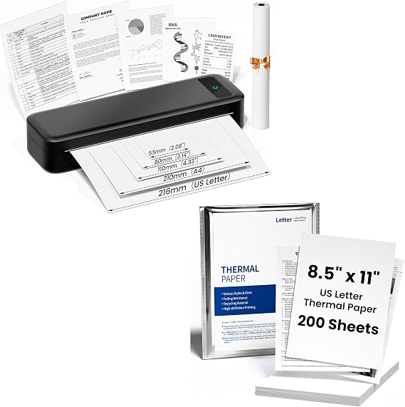 TATTMUSE Bluetooth Inkless Thermal Printer Black & 200 Sheets 8.5" x 11" US Letter Thermal Paper, Compatible with iPhone Android Laptop for Home Car Office