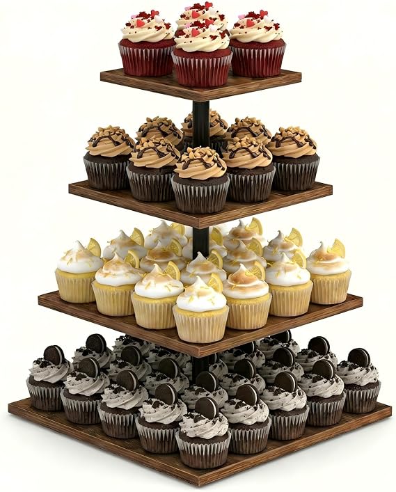 Wooden 4 Tier Cupcake Stand for 50 Cupcakes,Cupcake Holder,Cupcake Tower,Tiered Tray Stand for Birthday Bar Decor Weddings,Parties Events, Dark Brown