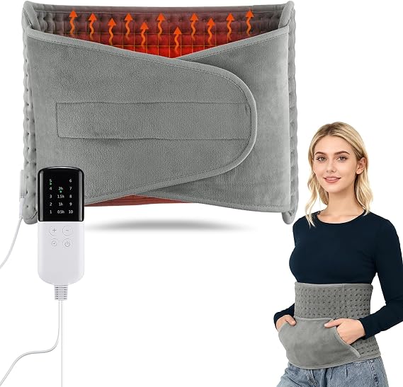 Electric Heating Pad for Pain Relief, XL 30x60cm Moist Heat Pad | with 10 Heat Settings & Timer,Automatic Shut Off Warm Wrap for Back, Neck, Shoulders & Abdomen, Machine Washable (Grey)