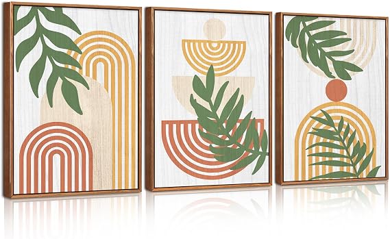 CHDITB 3PCS Green Sage Boho Poster Set,Botanical Framed Wooden Wall Decor,3D Boho Abstract Geometric Line Wall Art,Mid Century Nature Plants Decoration for Living Room Bedroom Office (30x40cm)