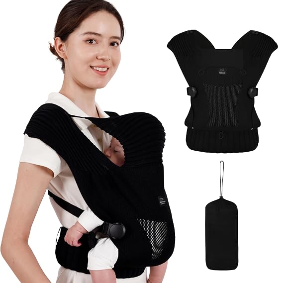 Bebamour Knit Baby Carrier,Cozy and Lightweight Carrier for Newborn to Toddler,Ergonomic Baby Carrier with Head Hood (Black)