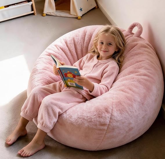 ENBAOHUI 3FT Faux Fur Comfy Memory Foam Bean Bag Chairs for Kids or Babies with Filling Bean Bag Sofa with Handle Super Soft Washable Faux Fur Fabric Lazy Sofa 3 Foot Pink
