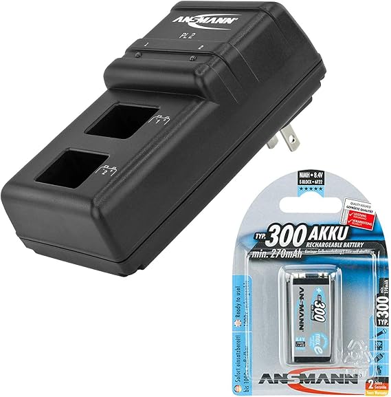 Ansmann 9V Battery Charger Powerline 2 for 1-2 NiMH / NiCd Rechargeable Batteries - 9 Volt, 2 Bay Individual Cell Recharger with 1-Pack 300mAh 9V Battery