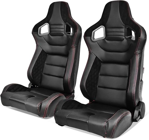 Universal Pairs of Racing Seat with Dual Sliders, PU & Suede & Plaid Front+Carbon Leather Back Reclinable Bucket Seat, Black PU+Side Suede+Red Stitch