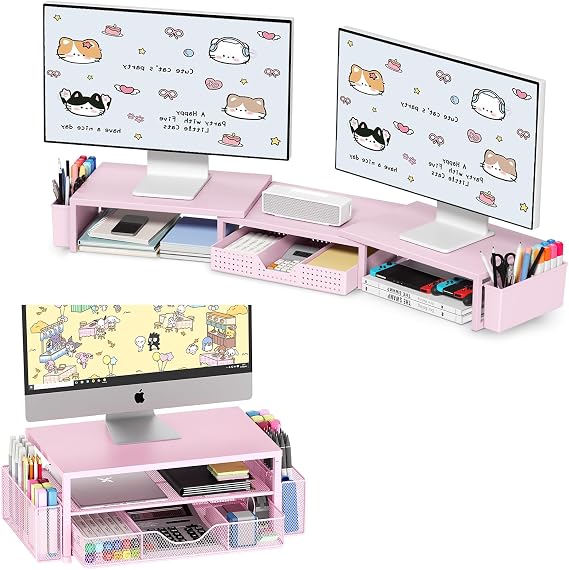 OPNICE 2-Tier Computer Desk Organizer +Dual Monitor Stand Riser (pink)
