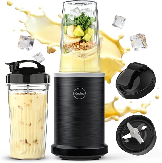 iCucina Smoothie Blender, 1000W Personal Blender for Shakes and Smoothies with 2 x 32oz Protable Cups and Lids, Single Serve Blenders for Ice Crushing, Bean Grinding, Frozen Fruit Drinks, Black