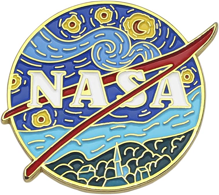 Novelty Starry NASA Logo Enamel Lapel Pin Funny Van Gogh Starry Night Painting Badge Pin for Backpacks Jackets Bags
