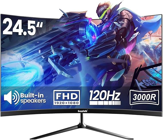 Gawfolk 24.5 Inch Curved Gaming Monitor Built-in Speakers, 3000R 120Hz PC Screen Full HD 1920x1080P 1ms MPRT, 98% sRGB,HDMI 2.0, VGA, VESA 75 * 75mm, Black PC Monitor