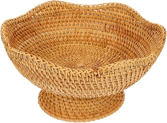 Zerodeko Rattan Fruit Bowl Pedestal Small Round Woven Basket for Kitchen Counter Entryway Key Storage Basket Tabletop Organizer for Fruit Bread Snacks Mail 9.84 X 9.84 X 5.11 in