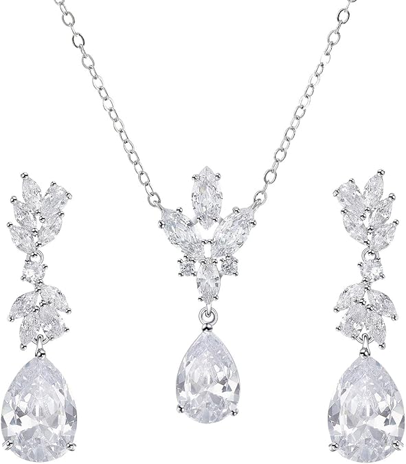 SWEETV Wedding Jewelry Sets for Brides Bridesmaid,Cubic Zirconia Teardrop Bridal Necklace Earrings Set Wedding Prom Jewelry for Women