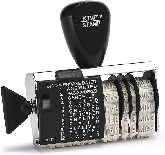 KTWT 12 Phrase Dater Rubber Stamp, 12 Frequently Used Office Messages, Rubber Date Stamp, Month in Letters, Day and Year in Numbers