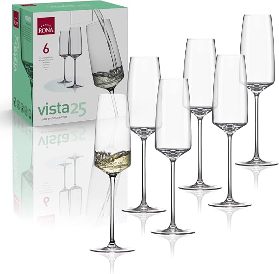 RONA Vista 25 Champagne Flute | 9 oz. | Set of 6 | Vista Collection | Party Set & Champagne Flute Set | Crystalline Glass | Ideal for Home, Restaurant, Party, Wedding, Champagne | Made in Europe |