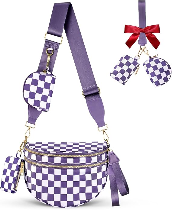 Cross Body Bag for Women Checkered Crossbody Bags Bum Bags for Women Fanny Packs for Girls Small Nylon Checkered Purse Trendy Shoulder Bag (Checkered Purple, One Size)
