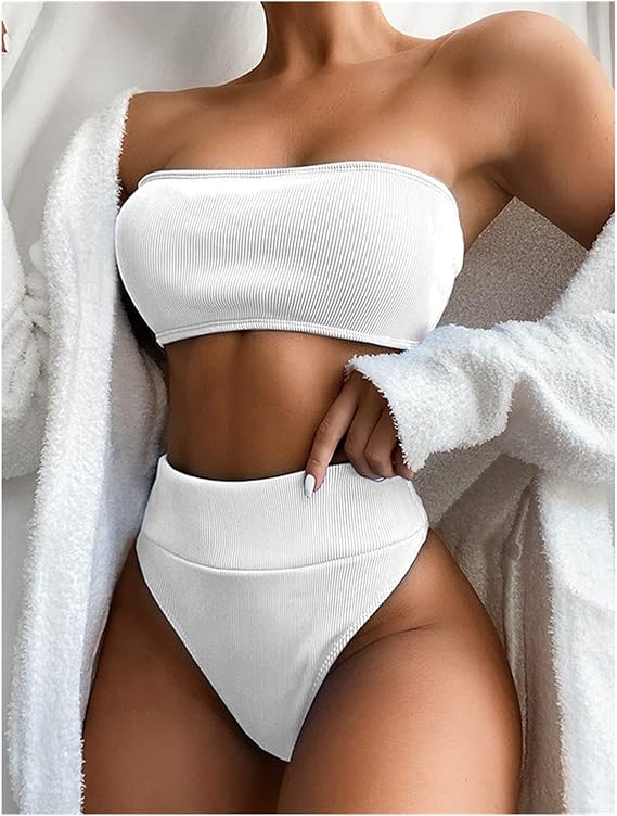 High Waist Bikini Swimsuit Women Ruffle Swimwear Striped Bikini Set Off Shoulder Bandeau Bathing Suit Summer Beachwear (Color : B4, Size : Medium)