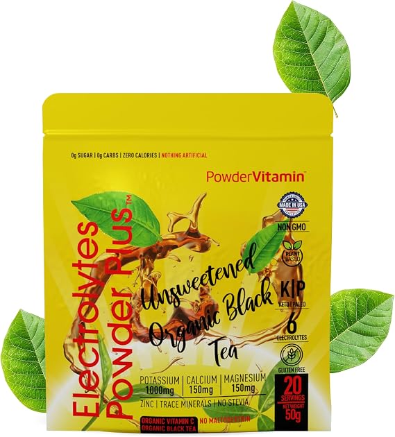 PowderVitamin Electolytes Powder Plus - 20 Servings - Unsweetened Black Tea | 20 Servings, Unsweetened Black Tea, 1000mg Potassium, 120mg Magnesium, Calcium, Himalayan Salt,VIT C Vitamin & Zinc, USA Made