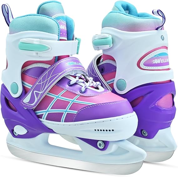Kids Ice Skates for Boys and Girls, Adjustable Ice Skating Shoes for Beginner Ages 4-12, Gradient Pink Purple Green Iceskates for Outdoor and Rank