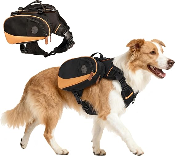 Dog Backpack for Medium & Large Dogs, Detachable Side Bags, Quick-Poop Bag Dispenser | No-Pull Adjustable Harness for Large-Chested Breeds | Non-Slip Handle for Hiking, Walking, Outdoor Adventures(S)