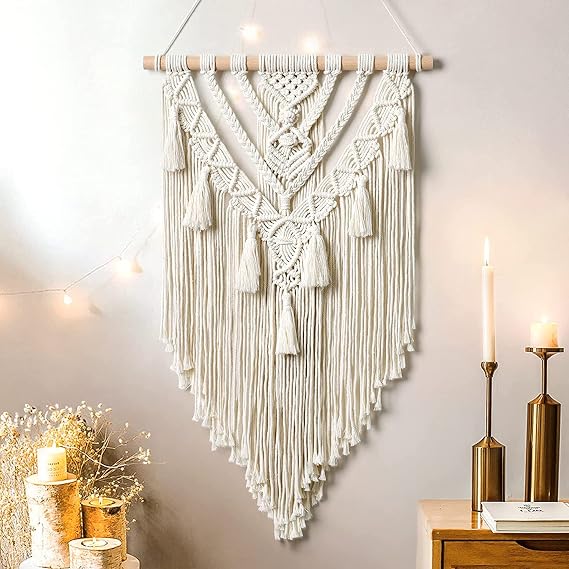 Dremisland Geometric Macrame Wall Hanging Beige Woven Tapestry with Tassel