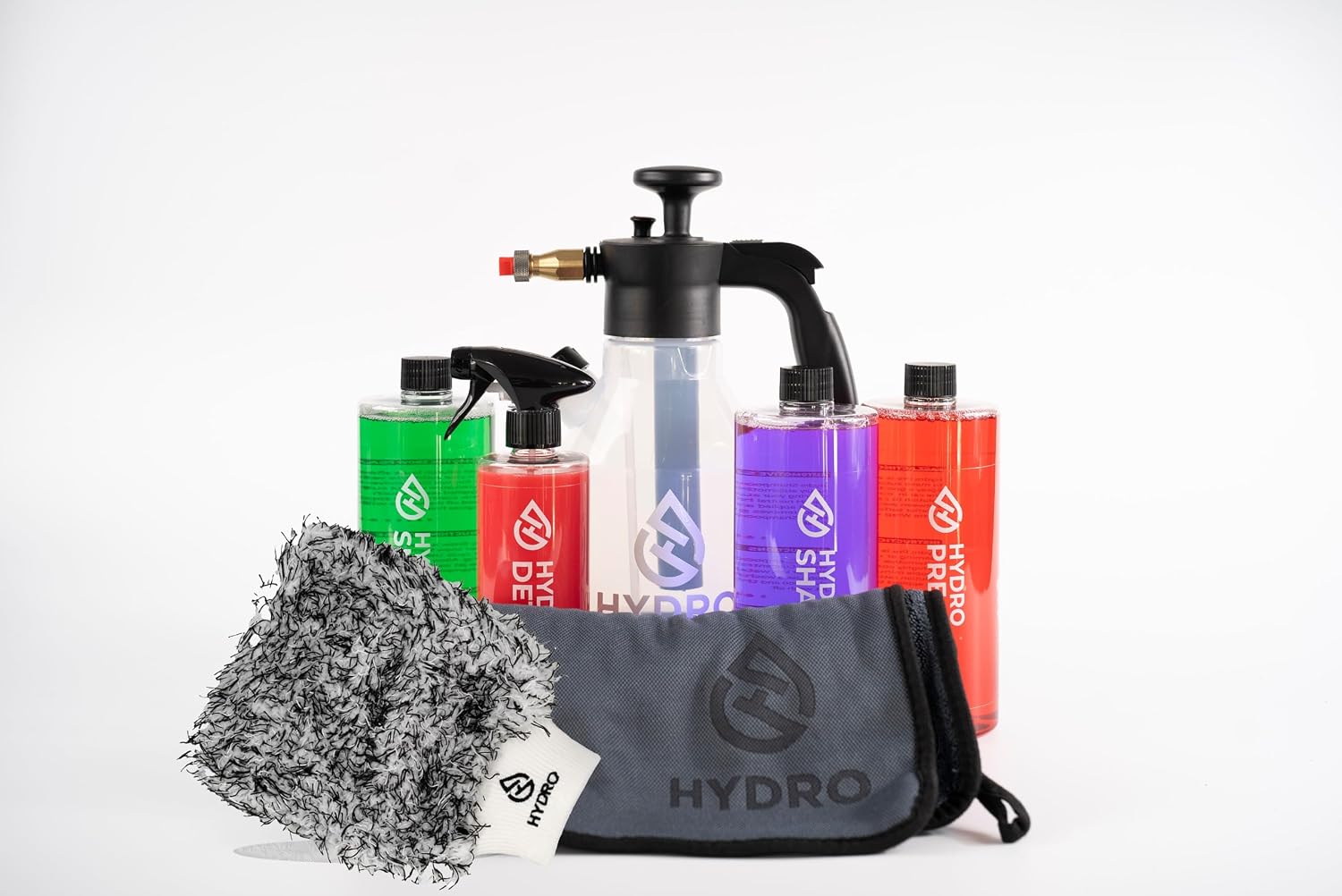 HYDRO Car Cleaning Kit, Essential Bundle with Pre-Wash, Snow Foam, Shampoo, Detail Spray, Drying Towel, Wash Mitt, Spray Bottle, Professional Detailing Set
