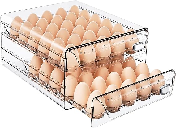 HIYOHIYO Clear 60 Grid Egg Organizer for Refrigerator with Drawers, 2-Tier | Large Capacity with Time Scale Marking | Sturdy Egg Storage for Fridge | Stackable Eggs Container for Fridge and Countertop