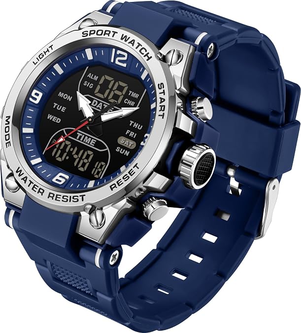 Mens Sport Watch, Water Resistant, Shock Resistant, Military Outdoor Tactical Style, Analog Digital with LED Stopwatch, Countdown, Alarm, Dual Time, Big Face