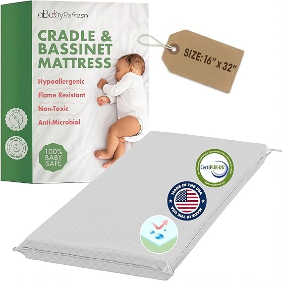 Cradle Baby Mattress and Bassinet Mattress 16x32 2-Inch Firm Foam Baby Bed with Waterproof Vinyl Cover Non-Toxic Hypoallergenic Cushion Pad Replacement for Infant Bed (Multiple Standard Sizes)