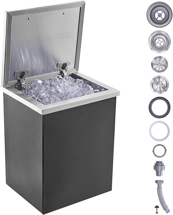 VEVOR Drop in Ice Chest, 14" L x 12" W x 18" H Stainless Steel Ice Cooler, Commercial Ice Bin with Hinged Cover, 40 qt Outdoor Kitchen Ice Bar, Drain-Pipe and Drain Plug Included, for Cold Wine Beer