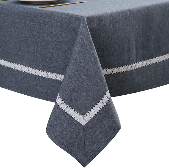EHouseHome Heavy Duty Fabric Tablecloth with White Lace-Waterproof/Wrinkle Free/Stain Resistant/Oil Proof-for Dining,Indoor&Outdoor,Wedding,Holiday,Denim Blue,Square 52x52Inch