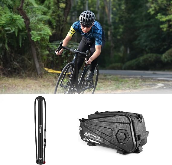 West Biking Double Water Resistant 8.6L Capacity Waterproof Bike Rear Seat Bag+Bicycle Floor Pump with High Pressure 260Psi with Presta & Schrader Valves