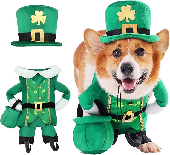 Leprechaun Dog Costume, 3 PCS St Patricks Day Puppy Outfit with Hat & Gold Pot, Irish Lucky Theme Celebration Green Holiday Clothes Dress Up for Dogs Cat Pet Small Medium Large